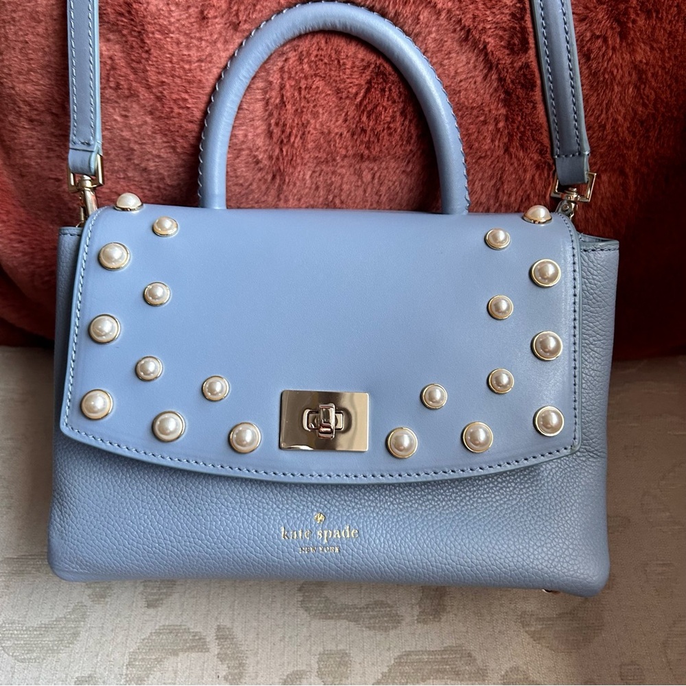 Kate Spade Serrano Place Pearl Shonna Baby Blue Leather Turnlock Flap Crossbody